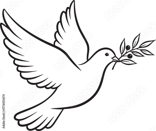 A white dove with an olive branch in its beak, flying vector illustration