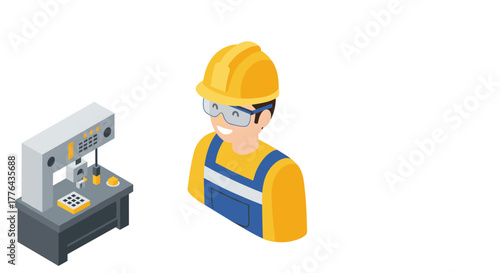 Isometric worker with safety gear and cnc machine
