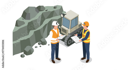 Construction workers discussing blueprint near bulldozer in quarry scene