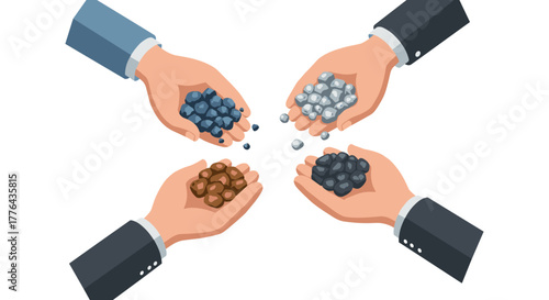 Hands holding different metals in suits on white background