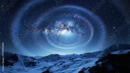 Night sky with swirling stars over snowy mountain landscape  
