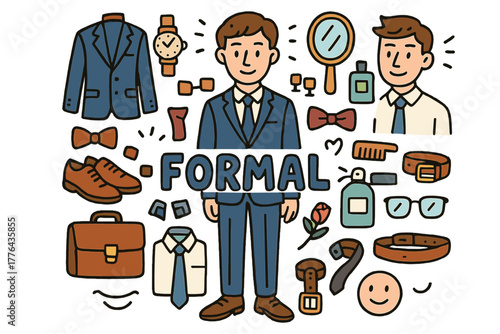 Formal Doodle Illustration. A young man wearing a tailored suit and tie for a formal event. Hand-drawn doodle