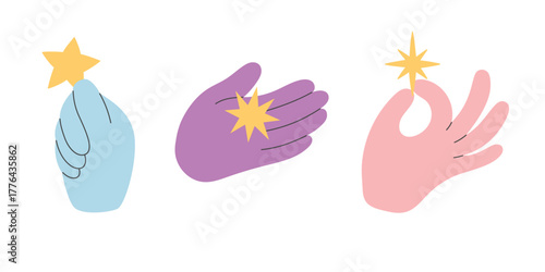 Set of colorful hands holding stars. Doodle style. Achievement, awarding, winner concept