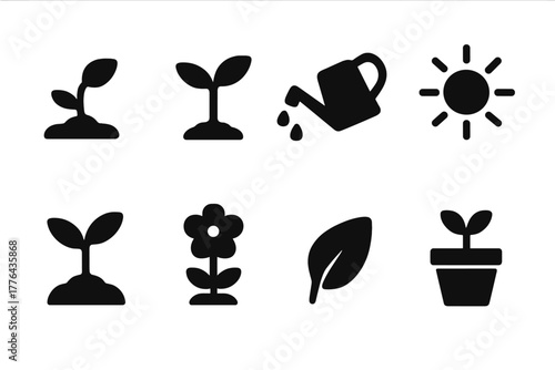Plant Growth Icons. Plant Growth. Filled icon set of Plant Growth: seed in soil, sprouting seedling, watering