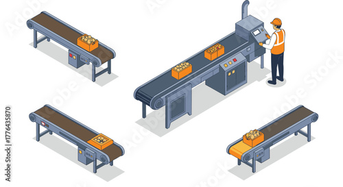 Automated conveyor belt system with worker in safety gear operating control panel