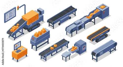 Isometric factory conveyor belt system set with machines and boxes in blue and orange