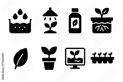 Hydroponics Icon Set. Hydroponics. Filled icon set of Hydroponics: water tank, grow light, nutrient bottle,