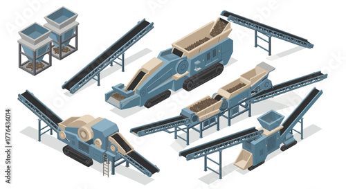 Industrial machinery and conveyor belts in isometric design for construction