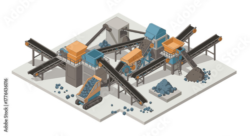 Isometric industrial conveyor system with crushers and hoppers