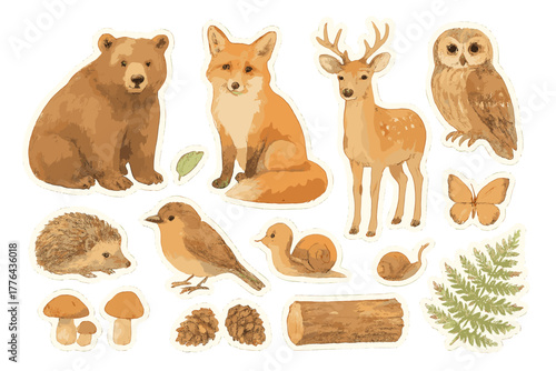 Watercolor Forest Stickers. Forest Dwellers. Realistic hand-painted watercolor style sticker sheet of forest