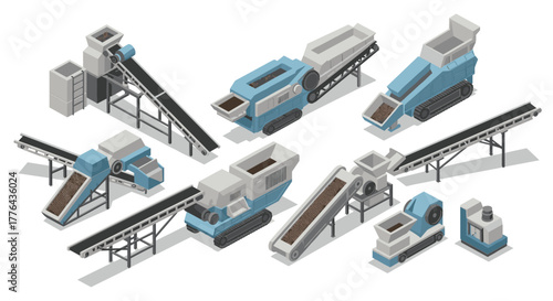 Industrial machinery in isometric style: conveyor belts and crushers