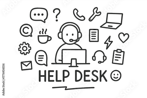 Help Desk Doodle. Help Desk. Hand-drawn doodle illustration of Help Desk. In the middle, one slightly larger