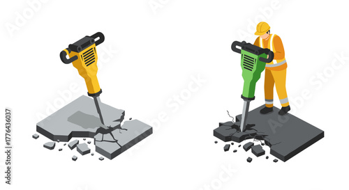 Construction worker using jackhammer for concrete demolition in isometric style