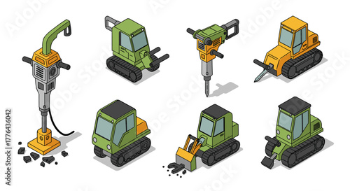 Isometric construction equipment set with excavators, drills, and bulldozers
