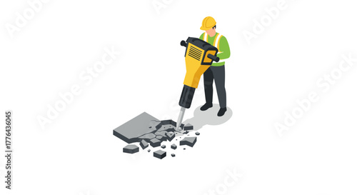 Construction worker with jackhammer in safety gear