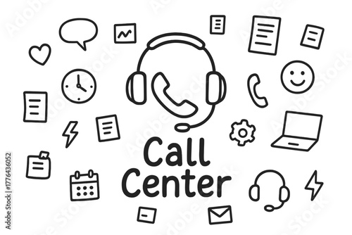 Call Center Doodle. Call Center. Hand-drawn doodle illustration of Call Center. In the middle, one slightly