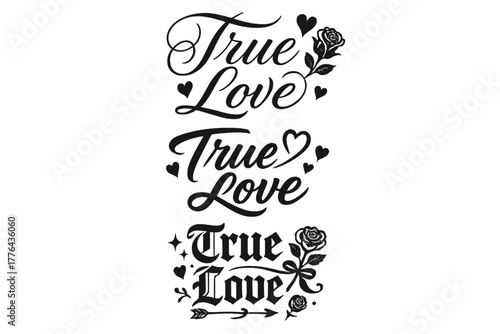 Calligraphy True Love. True Love. Create a calligraphy lettering illustration of the phrase: True Love. Render