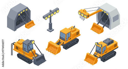Construction equipment collection in isometric style: bulldozers, excavators, tunnel boring machine, and floodlights