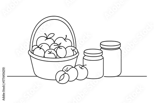 Minimalist Fruit & Jars. Fresh Harvest. Minimalistic one-line drawing basket of fresh peaches and apples