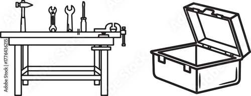 Minimalist Line Art Workbench with Tools and Open Toolbox Illustration