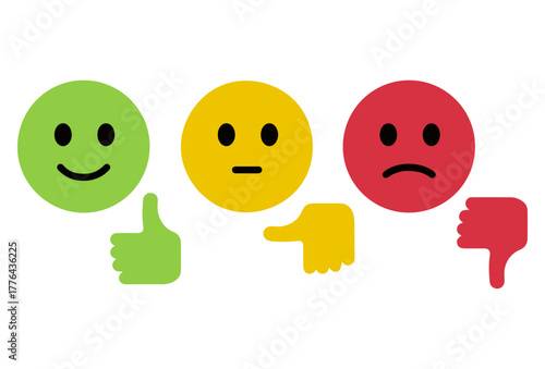 Feedback emoji icon set, flat minimal vector, smile neutral frown faces with thumbs gestures in red yellow green