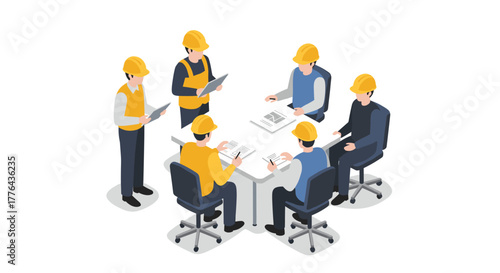 Construction team meeting in office with engineers collaborating on project