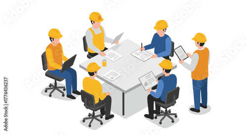 Construction team meeting in isometric style with workers discussing blueprints and reports
