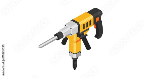 Isometric yellow jackhammer with drill bit for construction and demolition