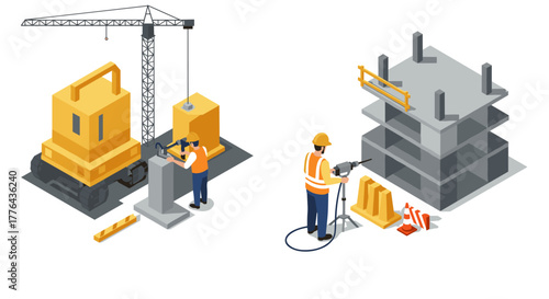 Construction site isometric view with workers and heavy machinery in action