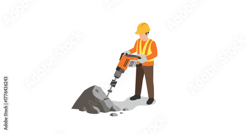Construction worker using jackhammer in isometric style for roadwork and industrial site