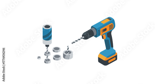 Isometric cordless drill and accessories on white background