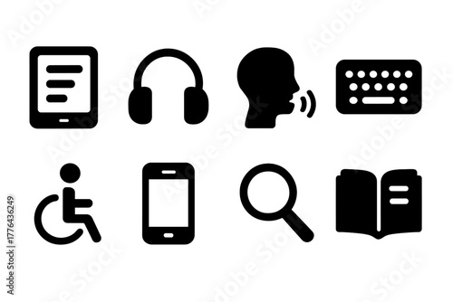 Assistive Technology Icons. Assistive Technology. Filled icon set of Assistive Technology: tablet with text,