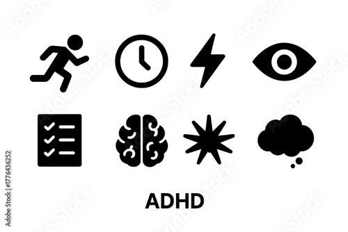 ADHD Icon Set. ADHD. Filled icon set of ADHD: running figure, clock, lightning bolt, focus eye, checklist,