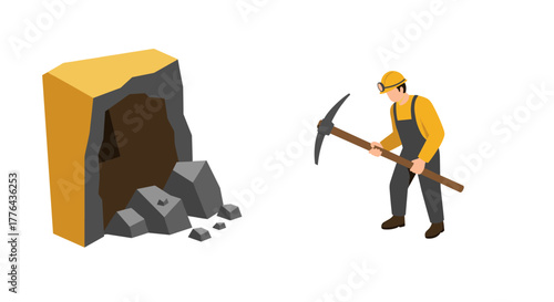 Isometric miner with pickaxe near cave opening