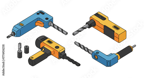 Isometric cartoon style electric drills set in blue and orange