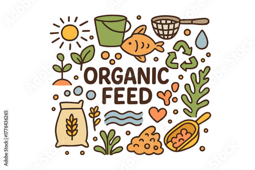 Organic Aquaculture Feed. Organic aquaculture feed. Hand-drawn doodle illustration of organic aquaculture feed