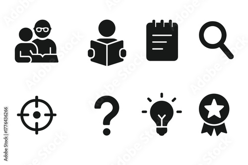 Learning Support Icons. Learning Support. Filled icon set of Learning Support: tutor and student, reading book