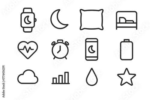 Sleep Tracking Icons. Sleep tracking devices. Line outline icon set of sleep tracking devices: smartwatch,