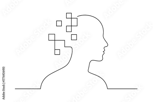 Digital Identity Fusion. Digital Identity. Minimalistic one-line drawing human silhouette merging with pixel