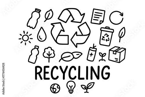 Recycling Doodle Icons. Recycling. Hand-drawn doodle illustration of Recycling. In the middle, one slightly
