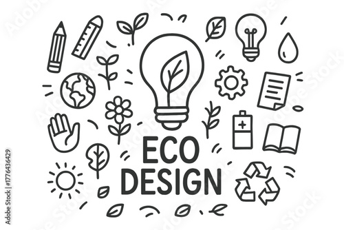 Eco Design Doodle. Eco Design. Hand-drawn doodle illustration of Eco Design. In the middle, one slightly