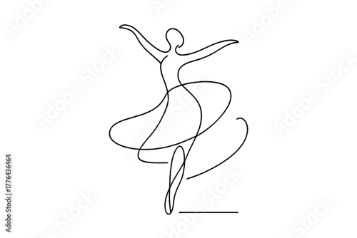 Elegant Dancer Silhouette. Art in Motion. Minimalistic one-line drawing swirling lines forming dancer-like
