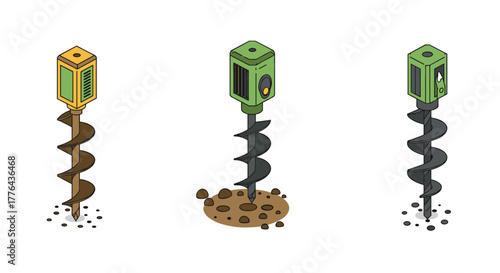 Isometric cartoon augers: three colorful mechanical drills in a row