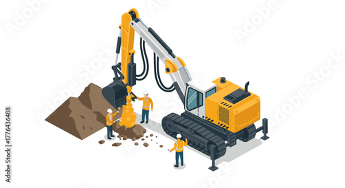 Construction site with excavator and workers in isometric style for industrial projects