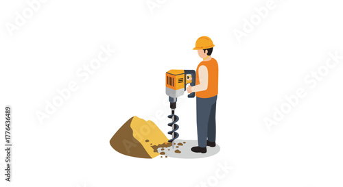 Construction worker using jackhammer on sand pile in isometric style