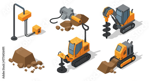 Isometric construction machinery set: drills, excavators, and heavy equipment on white