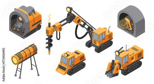 Isometric construction machinery set featuring industrial equipment on white background