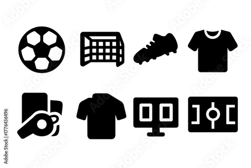 Soccer Icon Set. Soccer Match. Filled icon set of Soccer Match: soccer ball, goal net, cleats, whistle,
