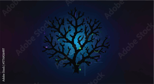 Mysterious silhouette of a barren tree with glowing particles against a dark, ethereal background.