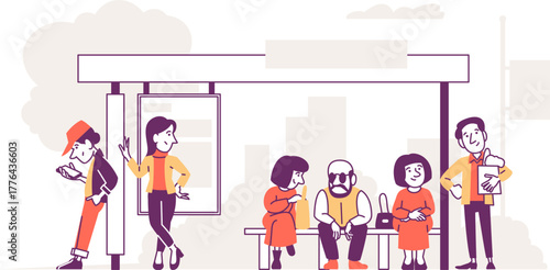 People waiting at bus stop. Urban lifestyle scene with diverse characters.